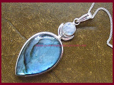 High Priestess Pendant Necklace with Labradorite & Rainbow Moonstone Gemstones