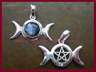 Gemstone Triple Moon Pendant Necklace with Pentagram - Choose From 10 Gemstones