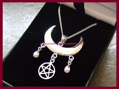 Wiccan Moon Blessings Pendant Necklace with Pentagram